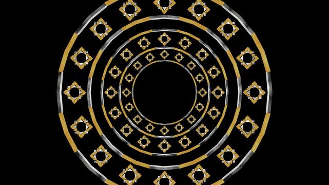 Seamless loop of abstract luxury Thai traditional ornament background. Golden and silver geometric circular pattern rotating on black background. Elegant culture motion graphic.