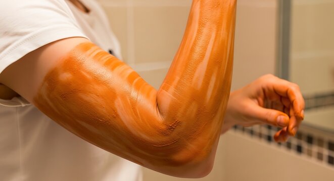 Applying orange self tanning lotion to arm in bathroom