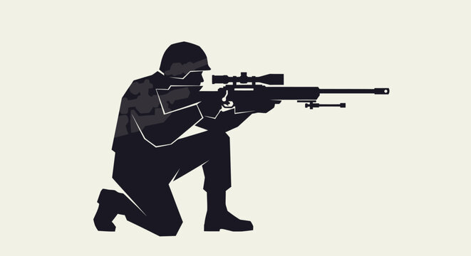 Silhouette of a tactical sniper kneeling with a long range rifle.