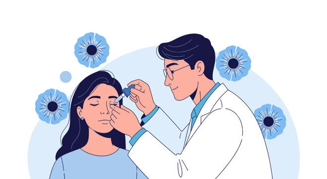 Ophthalmologist examining patient's eye with drops, blue iris flowers background