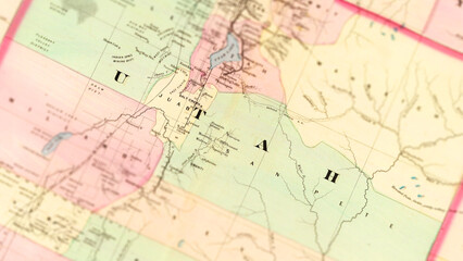 Obraz premium Macro View of Vintage Map Highlighting Utah USA with Detailed Geographic Cartography