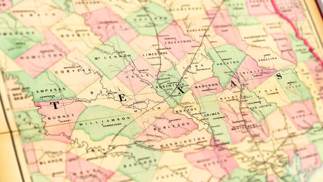 Macro View of Vintage Map Highlighting Texas USA with Detailed Geographic Cartography