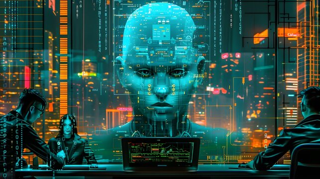 Futuristic Artificial Intelligence Humanoid with Cyber City Background and Digital Technology Interface