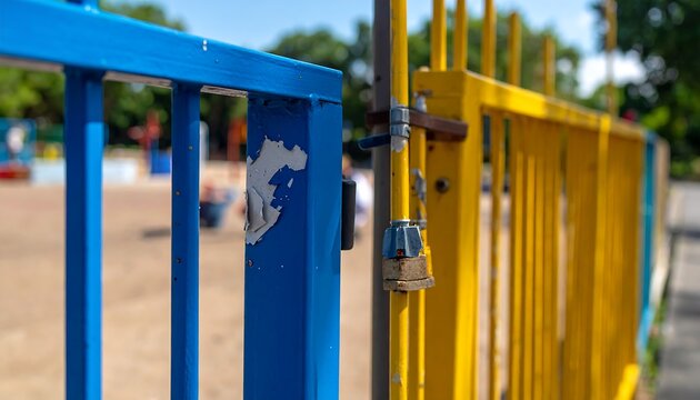 Close-up of a blue and yellow metal gate, slightly ajar, leading into a sandy playground. Bright daylight highlights the colors