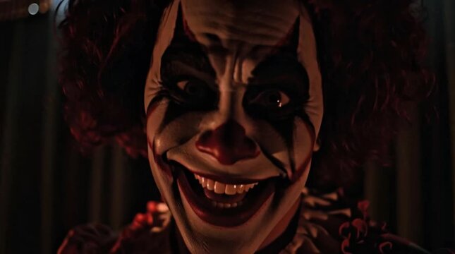 Scary Evil Clown Face Peeking Through Dark Circus Curtains 4K Creepy