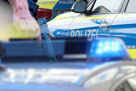 Ein Polizeiwagen und ein Mensch mit einer Waffe als Symbol f&uuml;r Gewalt und Kriminalit&auml;t