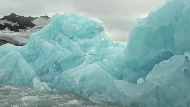 Magnificent, ancient iceberg, glowing sapphire blue, drifts through frigid Arctic Ocean. Jagged ice fragments surround its colossal base as snow-capped mountains rise dramatically under vast, grey sky