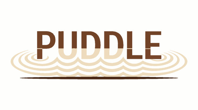 Puddle word typography with brown letters and water ripple reflection effect in a minimalist vector illustration style on a white background