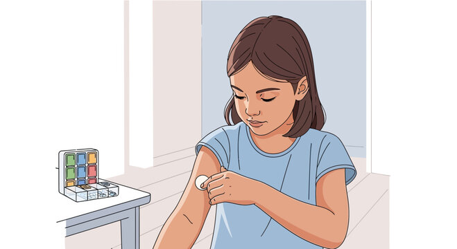 Child applying a bandage to arm after vaccination, a new normal healthcare concept.