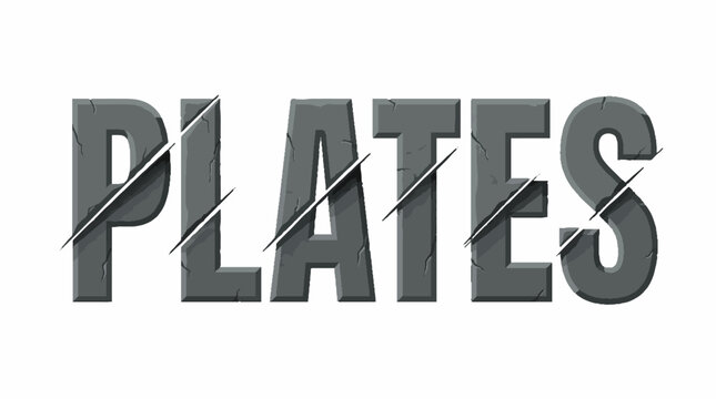 The word PLATES written in a stylized stone texture font with diagonal cracks and fissures across the letters on a plain white background