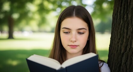 Fototapeta premium A focused young woman with long brown hair reads a book while leaning against a tree in a lush green park.