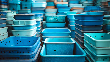 Fototapeta premium Stack of blue and teal plastic containers