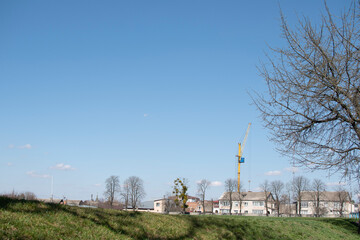 Obraz premium Landcsape with a tree branches, houses and crane against blue sky 