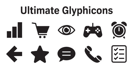 Ultimate glyphicons set including data bars shopping cart eye gamepad and alarm clock icons. © Labib
