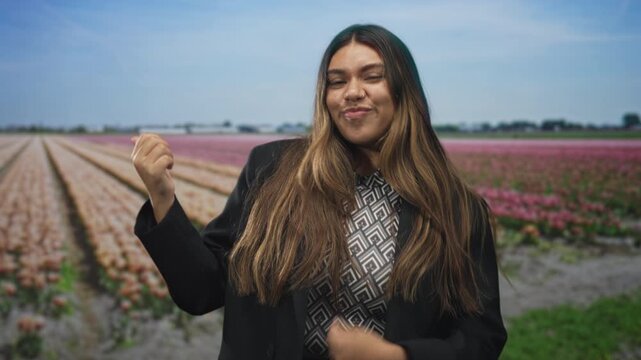 Woman with clenched fist and flowing hair smiling while posing before a tulip field backdrop in a studio set; joyful.