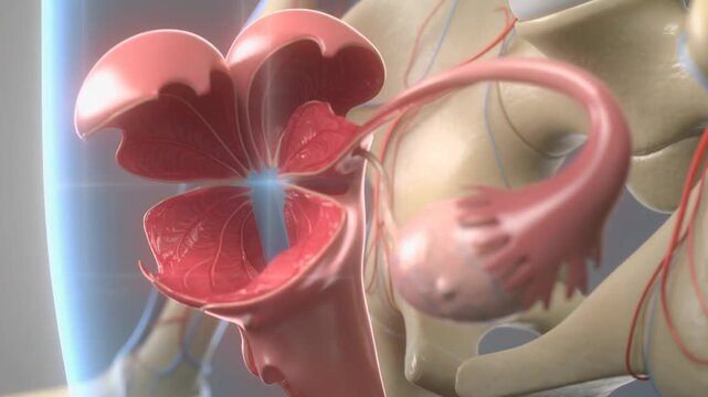 Detailed 3D medical illustration of female reproductive system showing uterus ovaries fallopian tubes and pelvic bones