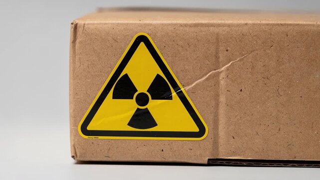 Close up of a cardboard box with yellow radiation hazard warning symbol on a plain background