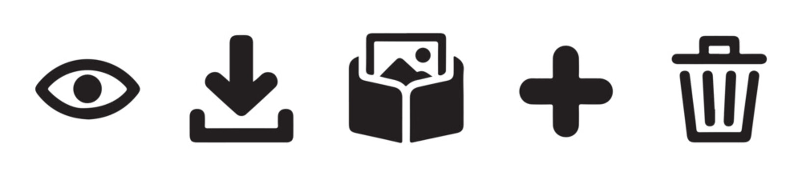 Outline interface symbols including vision arrow download open book plus sign and waste basket icons pack.
