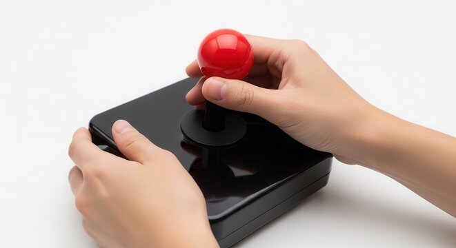 Close-up of hands holding a vintage arcade joystick controller for retro gaming.