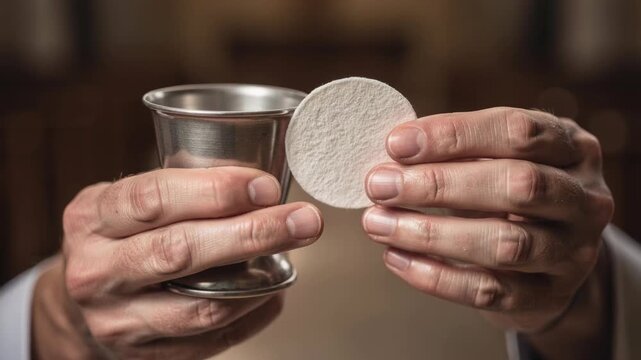 Hands holding communion wafer and silver chalice representing Christian Eucharist ceremony and religious ritual