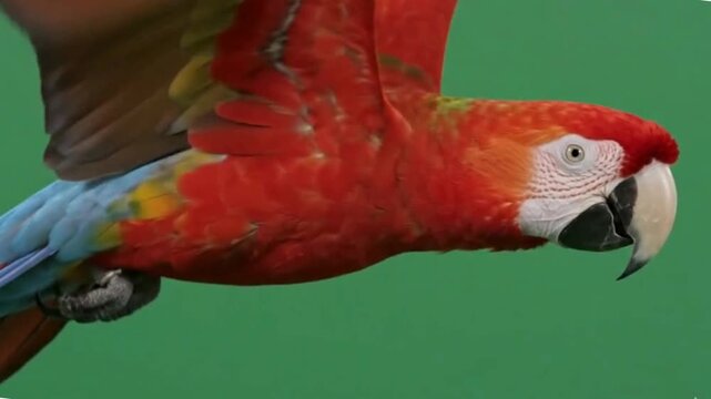 Vibrant red macaw, colorful parrot, tropical bird, flying animal, green background