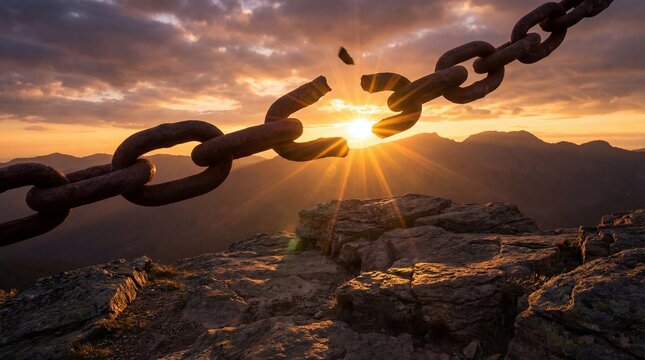 Silhouette with raised hands and broken chains concept. A broken chain symbolizes freedom against a stunning sunset.