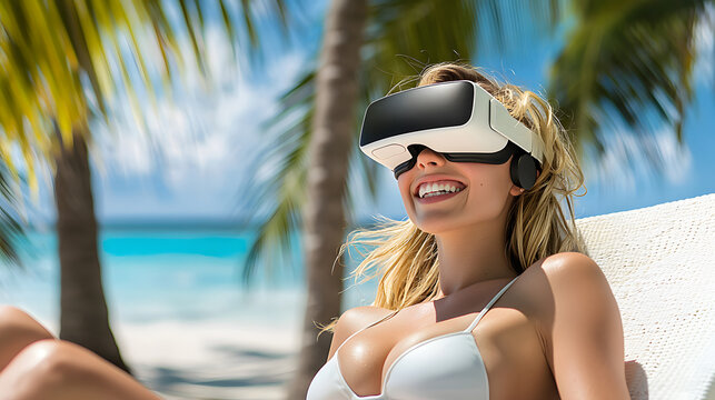 Woman wearing virtual reality glasses relaxing on a beach lounger at a tropical beach with palm trees and bright sunny sky, futuristic vacation concept