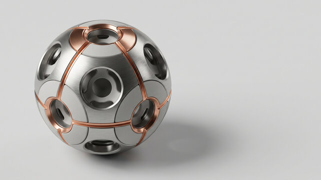 Silver metal sphere with copper lines and circular indents on light background with copy space