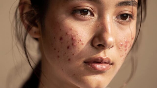 Close up of young woman with acne skin condition showing natural complexion and facial details