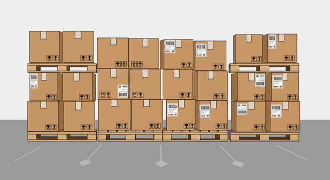 Warehouse Storage: Stacked Cardboard Boxes on Pallets, Logistics and Distribution