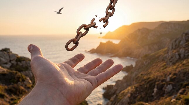 Silhouette with raised hands and broken chains concept. A hand releases a chain at sunset, symbolizing freedom and hope.