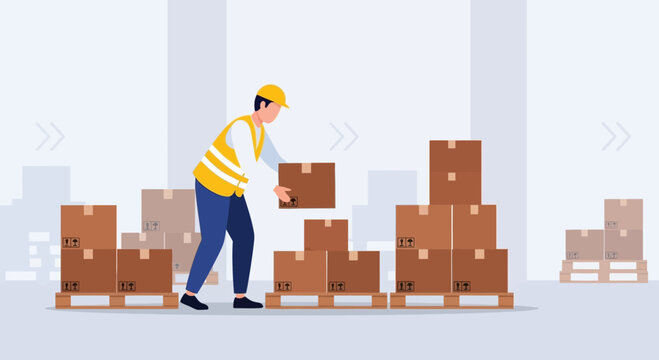 Warehouse worker loading boxes onto pallets, logistics and delivery concept