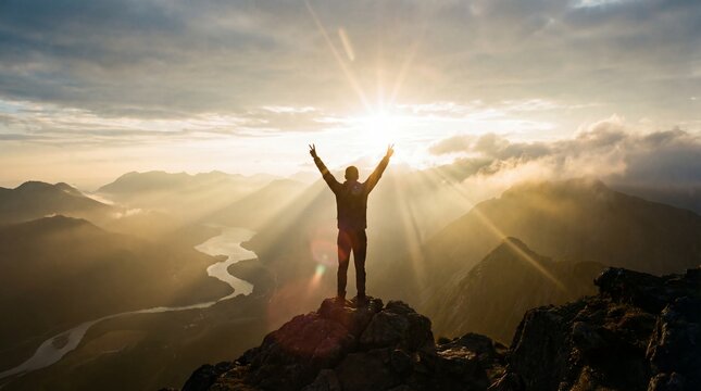 Silhouette with raised hands and broken chains concept. A person celebrating at sunrise on a mountain peak.