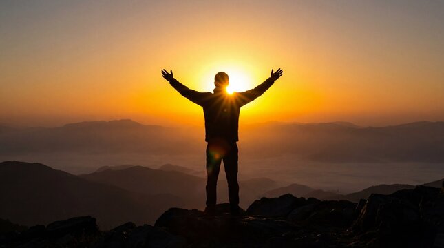 Silhouette with raised hands and broken chains concept. A person standing on a mountain with arms raised at sunset.