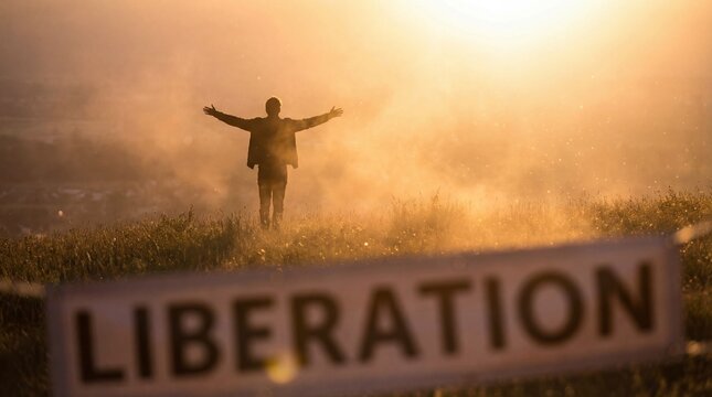 Silhouette with raised hands and broken chains concept. A person experiencing freedom in a misty landscape at sunset.