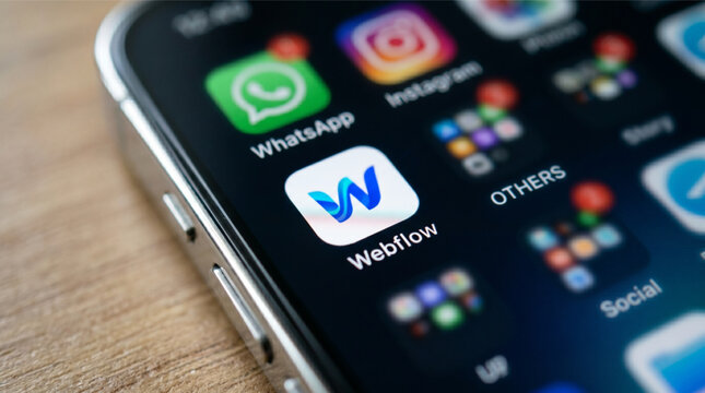 Webflow logo mobile app on a screen smartphone iPhone closeup. Webflow is a powerful visual web design platform, CMS, and hosting service for building professional websites without using code.