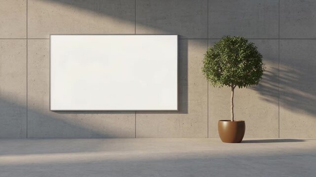 Minimalist modern interior with blank white billboard and potted green tree against concrete wall