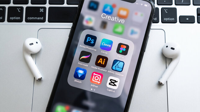 Adobe Photoshop, Canva, Figma, Procreate, Adobe Illustrator, Affinity Designer, Sketch, InShot, CapCut mobile logo icons app on iPhone screen. These are leading creative design and editing tools.