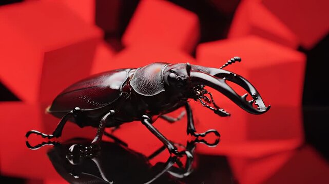 Closeup Macro Shot of a Dark Shiny Beetle on a Reflective Surface with Red Cubes.