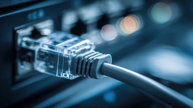 Close-up of a neatly plugged-in Ethernet cable into a network port with blurred background lights