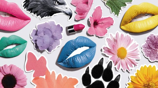 Vibrant collage of colorful lips, flowers, and animal elements on a clean background