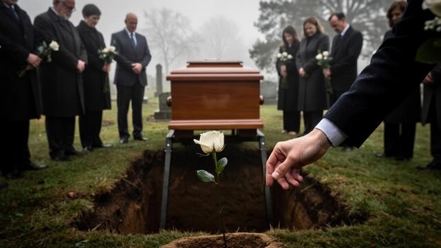 Somber funeral ceremony with mourners placing white roses at gravesite and casket in misty cemetery