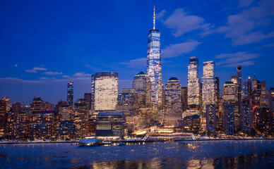 Fototapeta premium NYC night cityscape. NYC skyline night view. New York City night panorama. NYC Manhattan skyline night.
