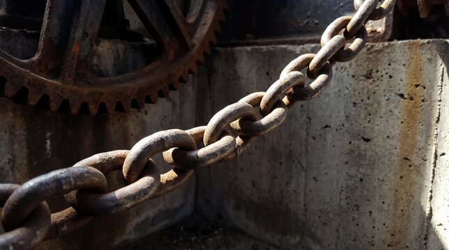 Silhouette with raised hands and broken chains concept. Close-up of a rusty chain and gear in industrial setting.