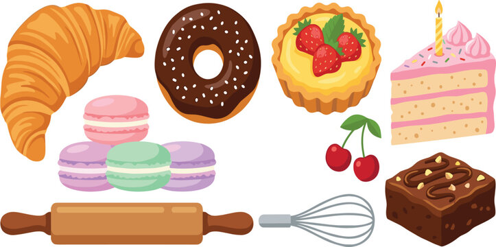 Delicious Bakery Dessert Collection Featuring Croissant, Chocolate Donut, Strawberry Tart, Cake Slice, Macarons, Brownie, Cherries, Rolling Pin, and Whisk Kitchen Vector Illustration Set
