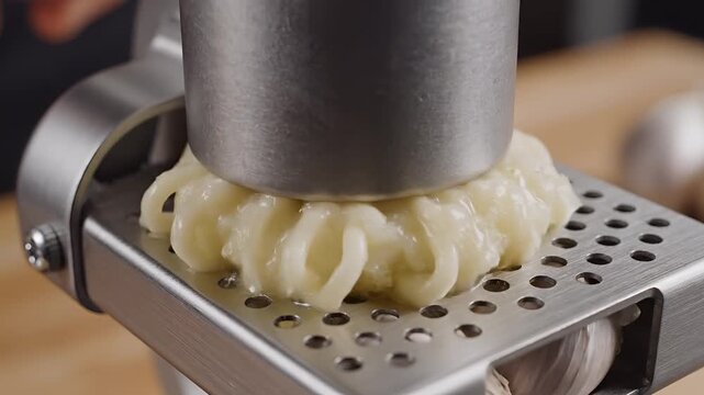 Closeup of a garlic press crushing fresh garlic cloves for cooking.