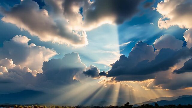 Dramatic sunbeams breaking through dark storm clouds over a silhouetted landscape at sunset