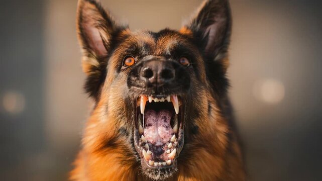 Aggressive German Shepherd dog snarling with open mouth showing sharp teeth close up portrait