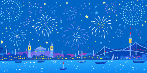 Fireworks Display Over City Skyline Vector Illustration © Arabinda