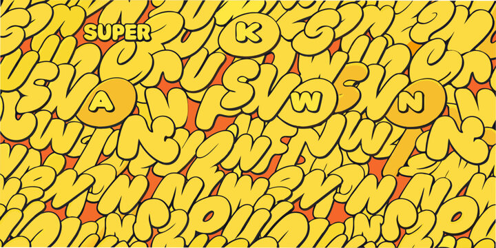 Yellow bubble letter pattern with overlapping text and bold outlines